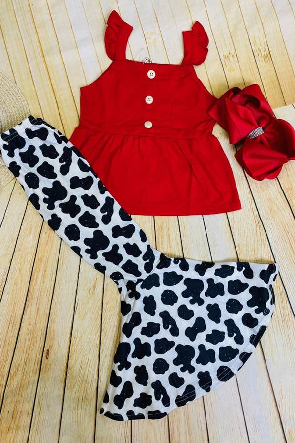 Red sleeveless top & cow printed bell bottom girls set
