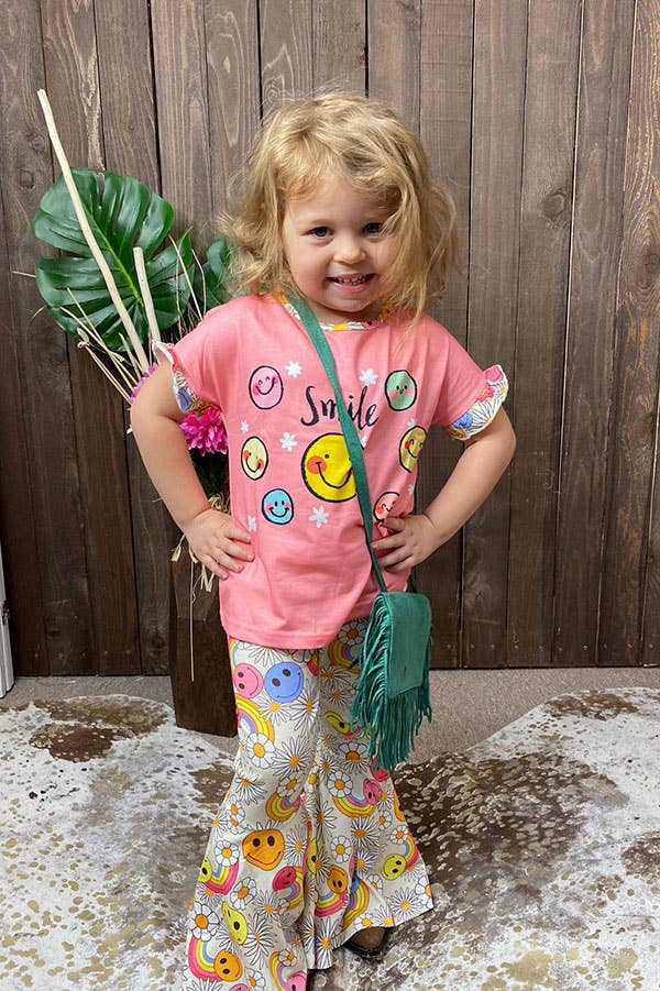 Smile face coral top bell bottom pant girls set XCH0666-25H