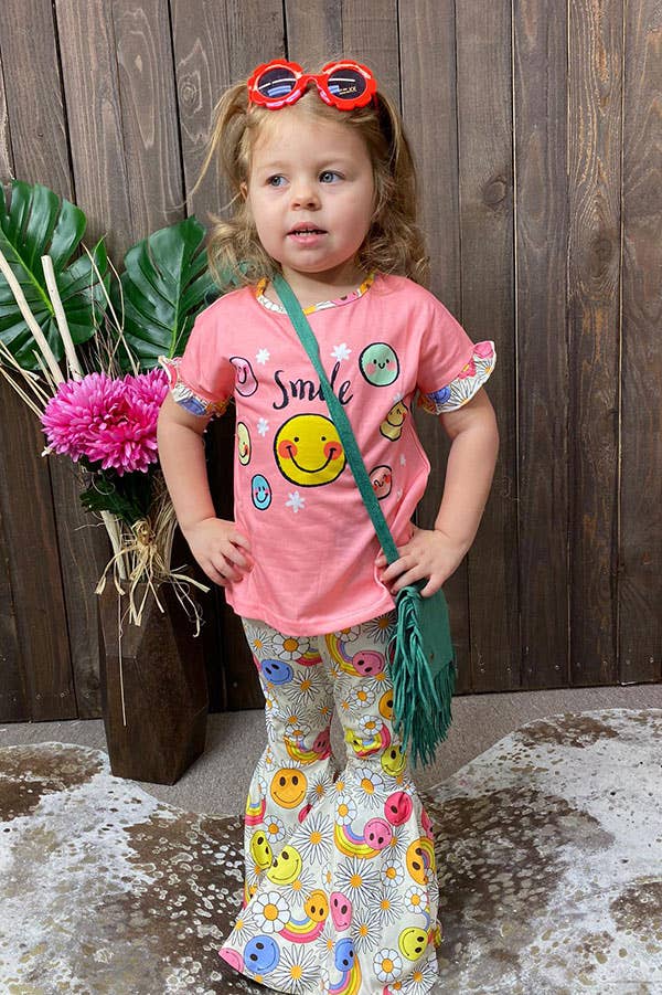 Smile face coral top bell bottom pant girls set XCH0666-25H