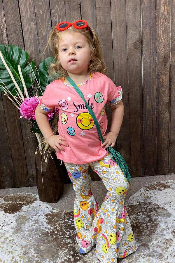 Smile face coral top bell bottom pant girls set XCH0666-25H