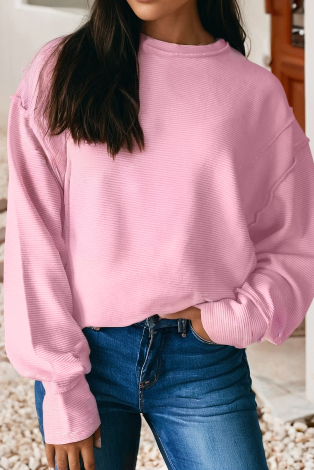 Ribbed Exposed Seam Detail Drop Shoulder Baggy Pullover|S-4X