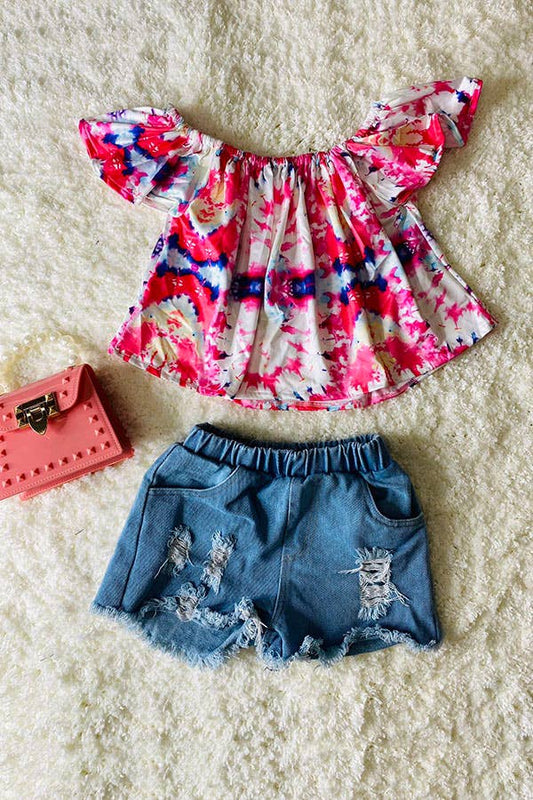 DLH2358 Tie dye off the shoulder top light denim shorts sets