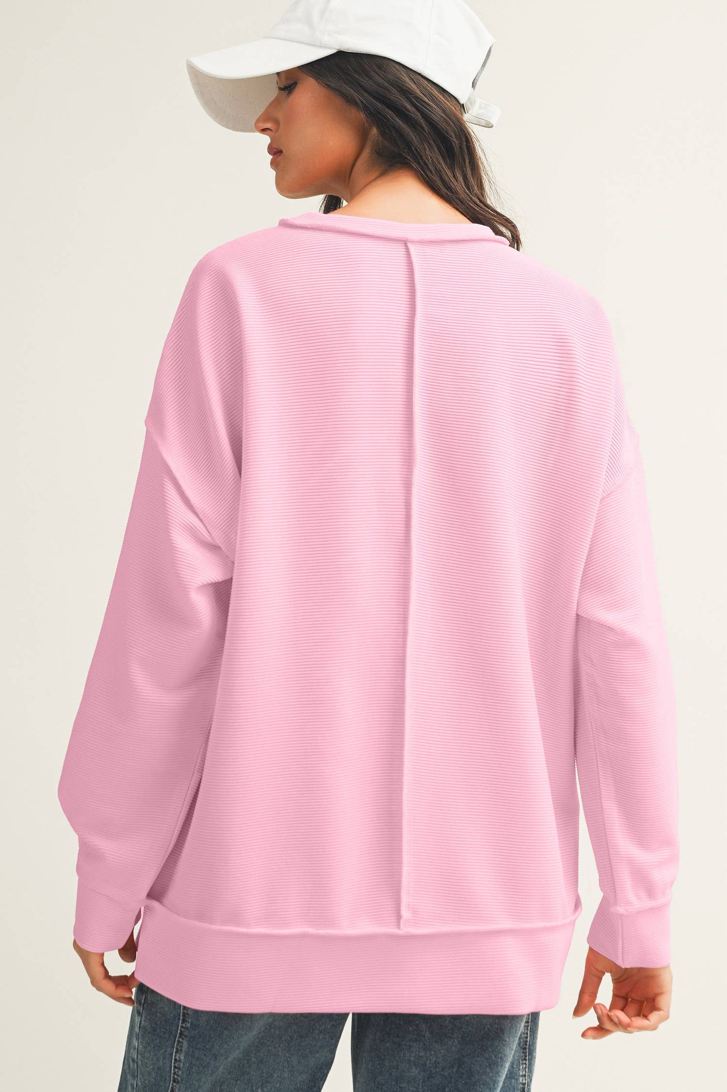 Ribbed Exposed Seam Detail Drop Shoulder Baggy Pullover|S-4X