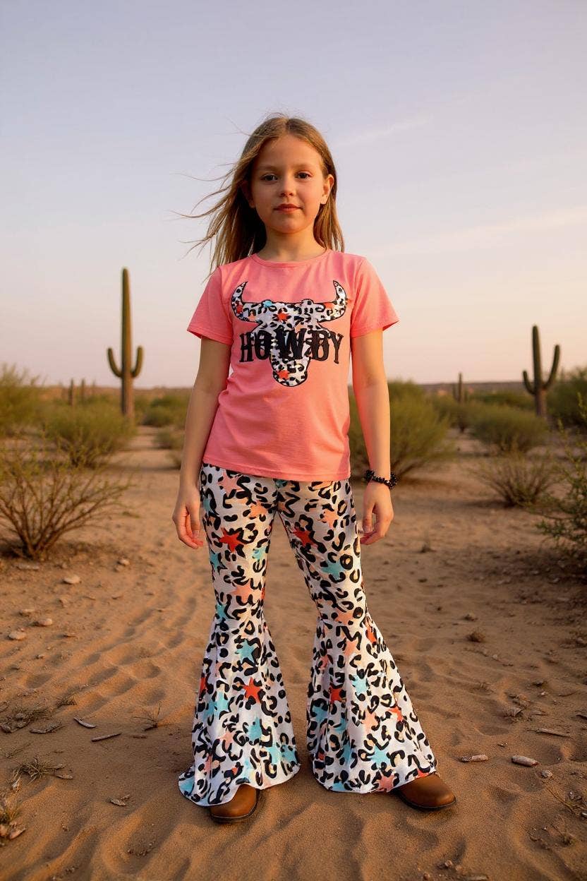 "HOWDY"bull top cheetah & stars bell bottom sets XCH0666-10H