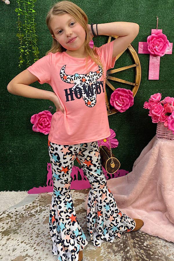 "HOWDY"bull top cheetah & stars bell bottom sets XCH0666-10H