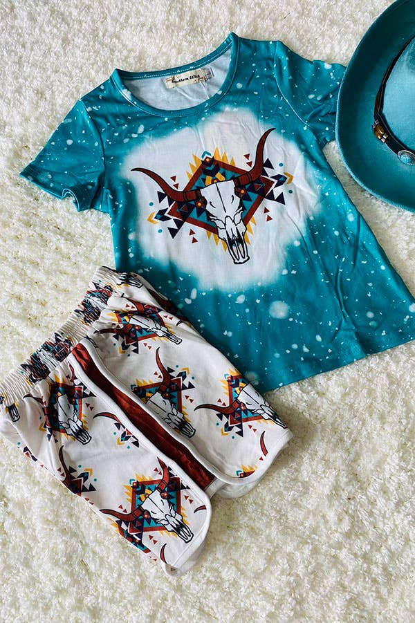 XCH0333-8H Bull prints blue top & Aztec shorts girls outfit