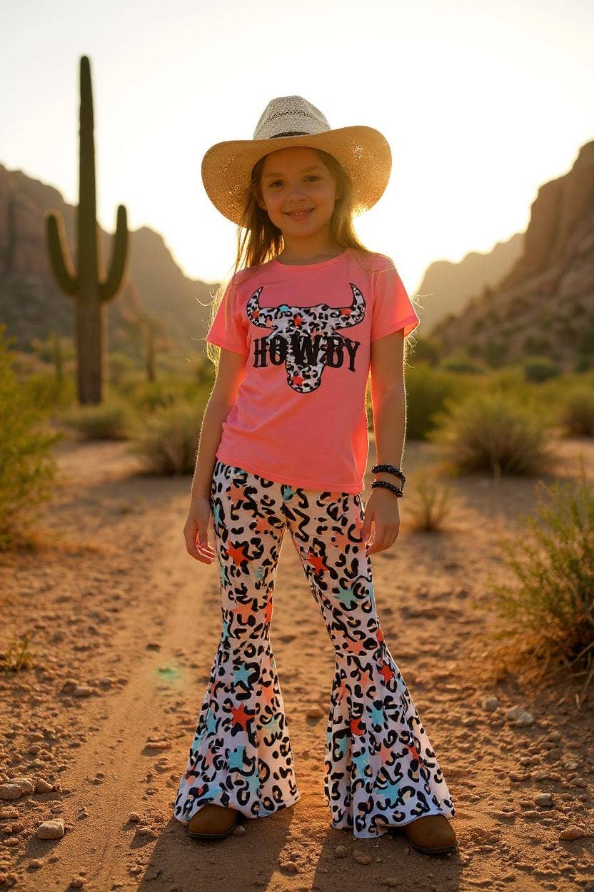 "HOWDY"bull top cheetah & stars bell bottom sets XCH0666-10H
