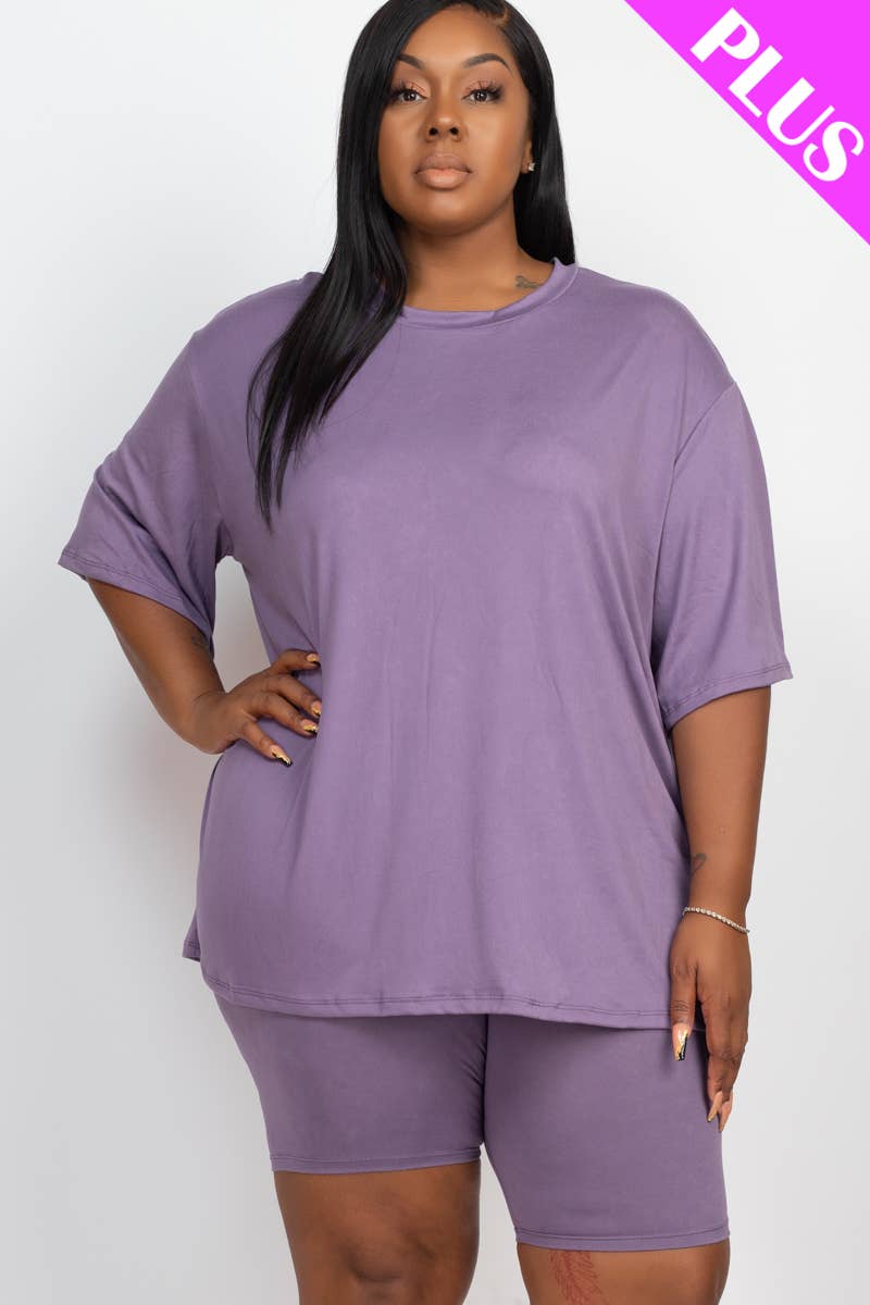 Plus Size Loose Fit Top & Bike Shorts Set