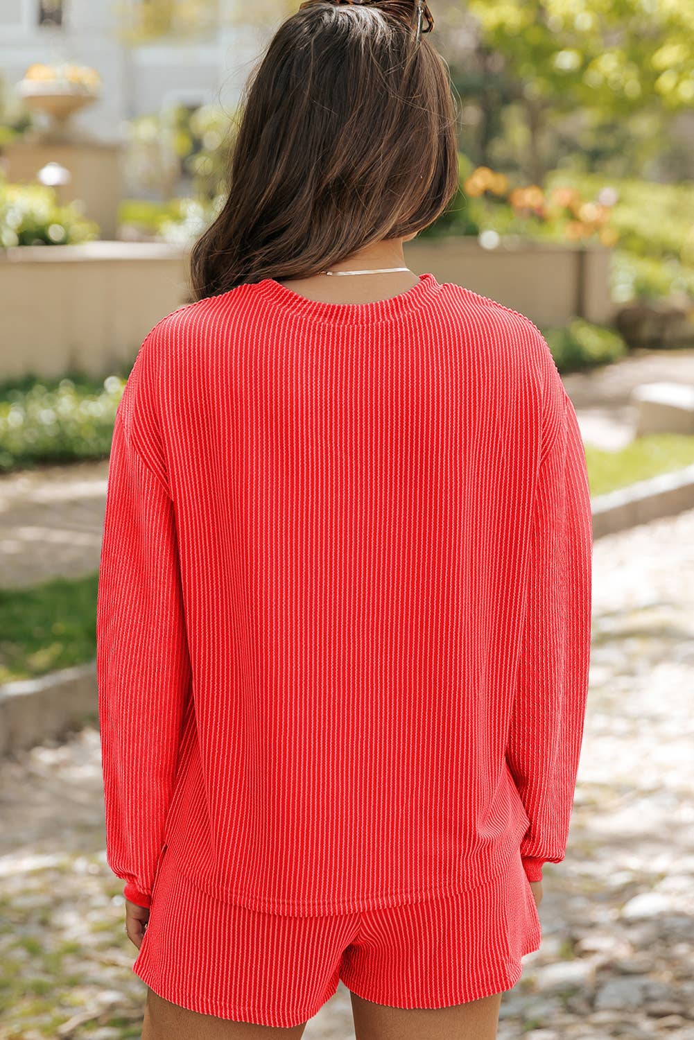 LDC Corded Knit Long Sleeve Top and High Waist Shorts Set