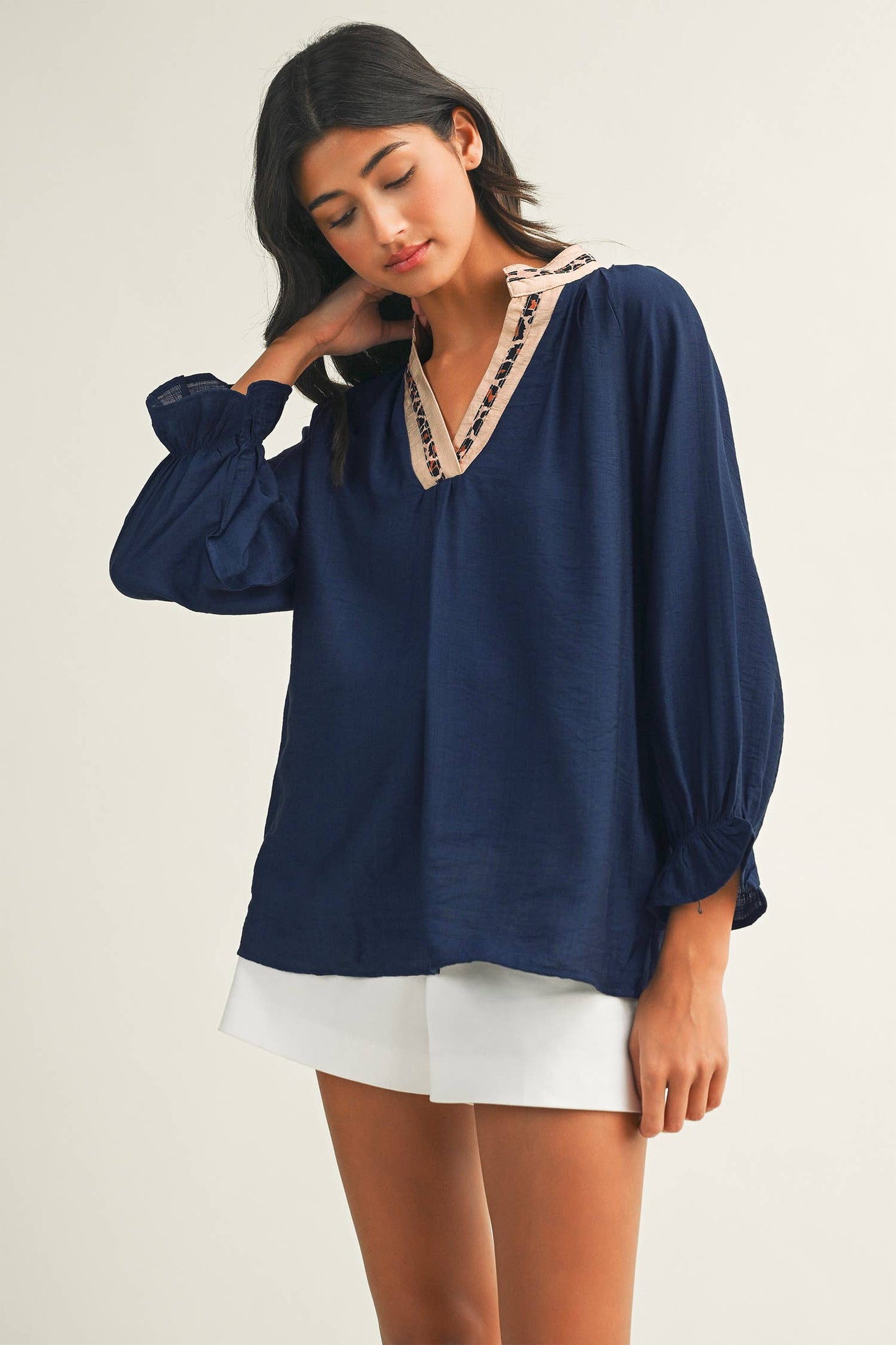 LDC Leopard Trim Notched Flounced Bracelet Sleeve Blouse