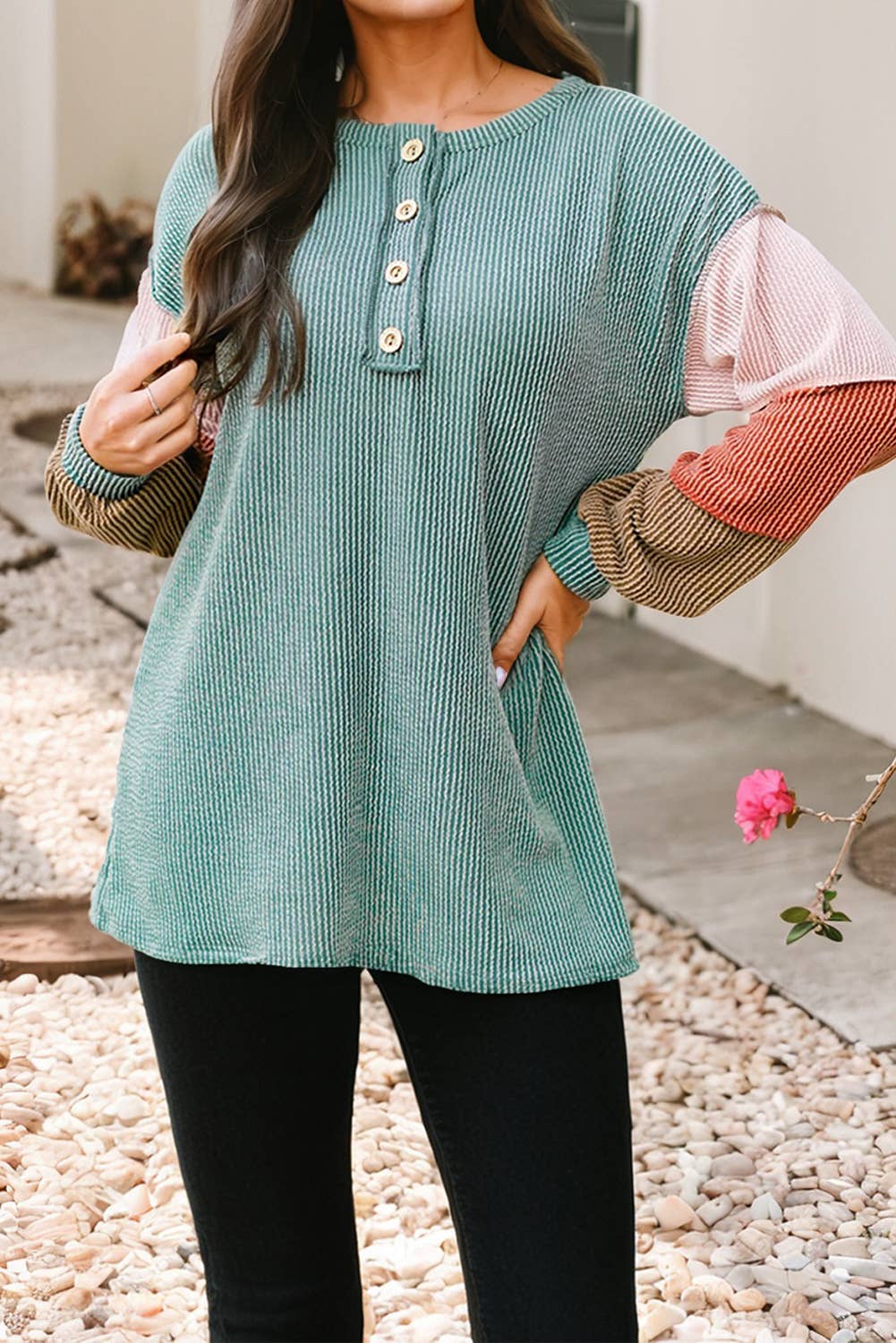 LDC Twisted Ribbed Knit Colorblock Henley Top