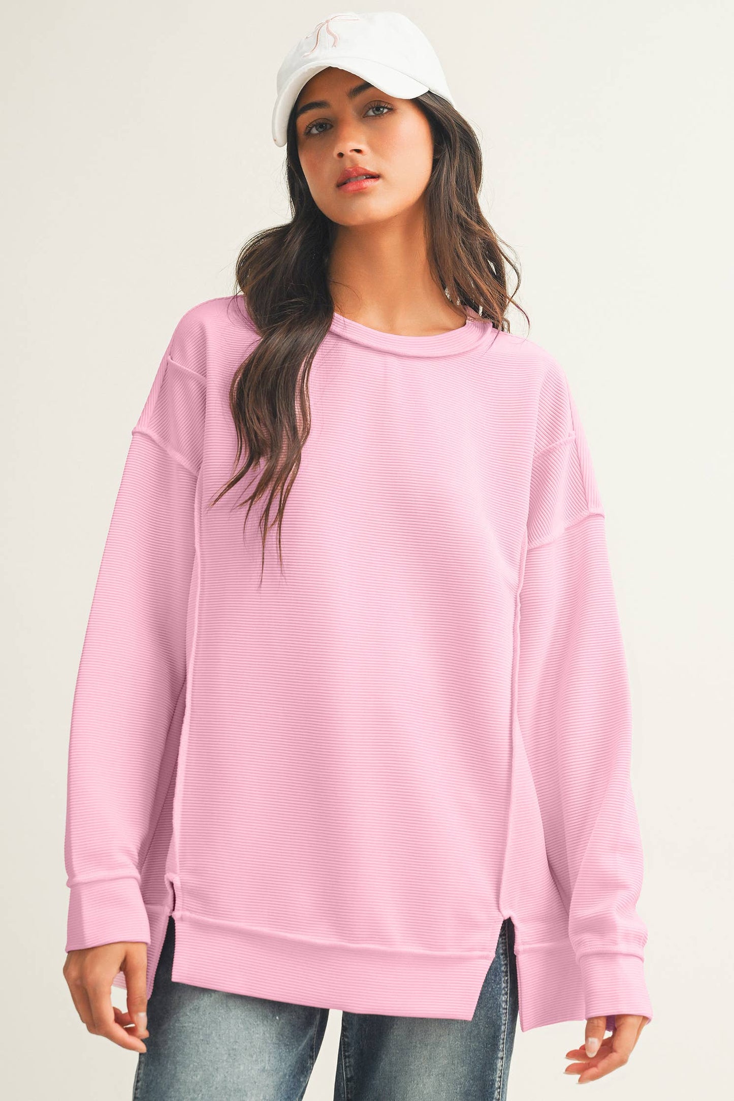 Ribbed Exposed Seam Detail Drop Shoulder Baggy Pullover|S-4X