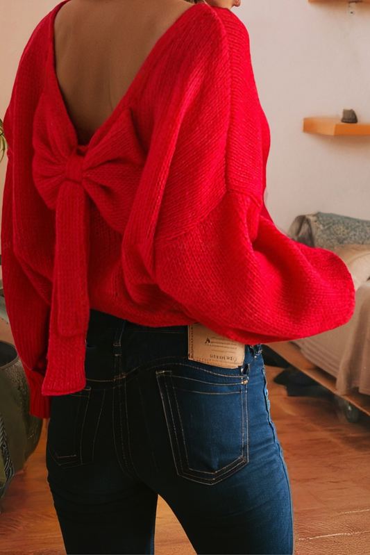 LDC Valentines Day Bow Backless Bubble Sleeve Sweater
