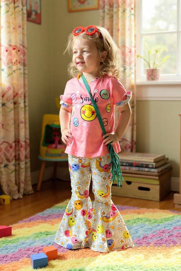 Smile face coral top bell bottom pant girls set XCH0666-25H