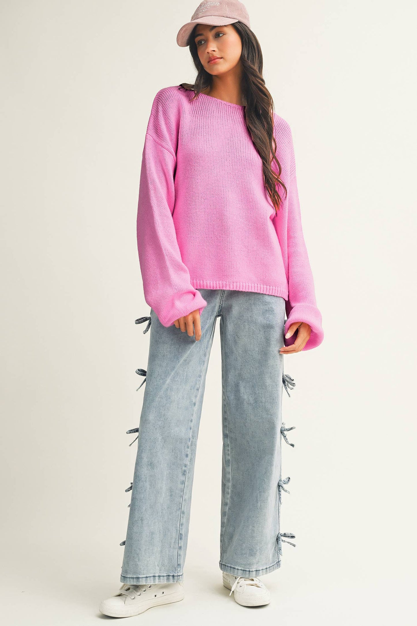 LDC Valentines Day Bow Backless Bubble Sleeve Sweater