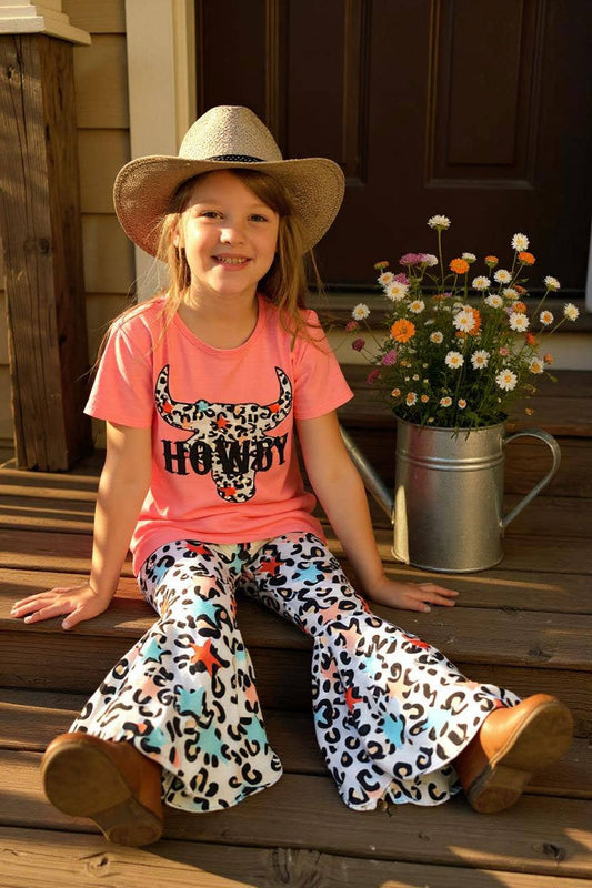 "HOWDY"bull top cheetah & stars bell bottom sets XCH0666-10H
