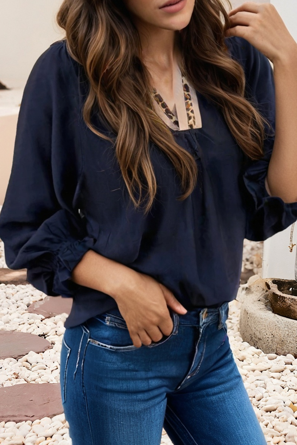 LDC Leopard Trim Notched Flounced Bracelet Sleeve Blouse