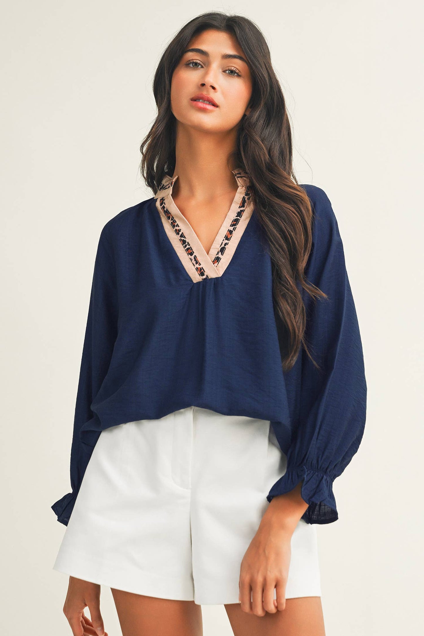 LDC Leopard Trim Notched Flounced Bracelet Sleeve Blouse