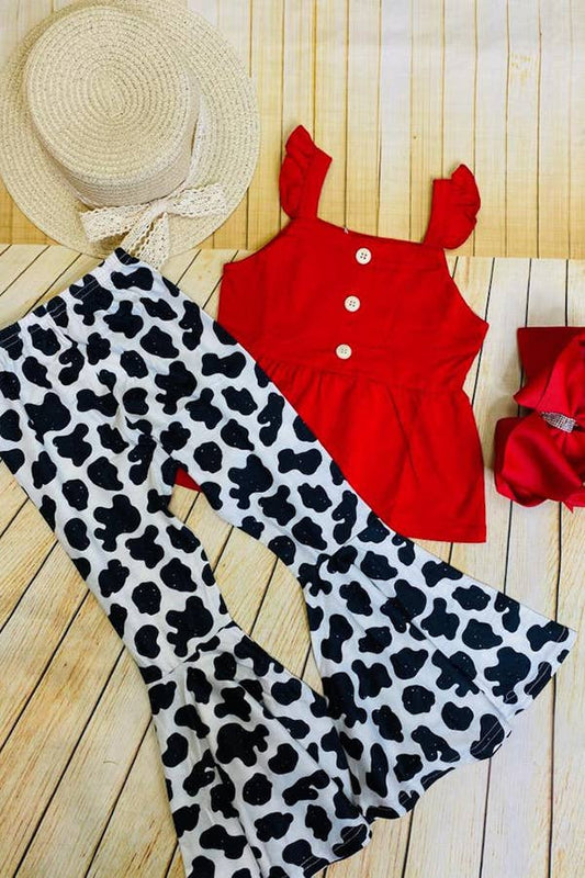 Red sleeveless top & cow printed bell bottom girls set