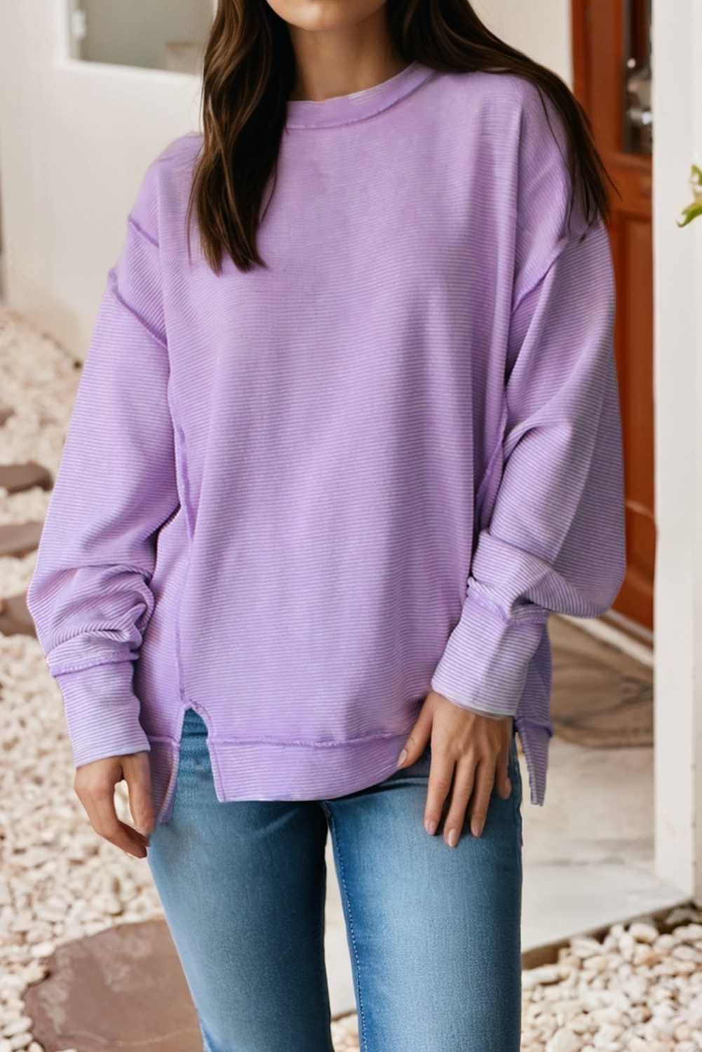 Ribbed Exposed Seam Detail Drop Shoulder Baggy Pullover|S-4X