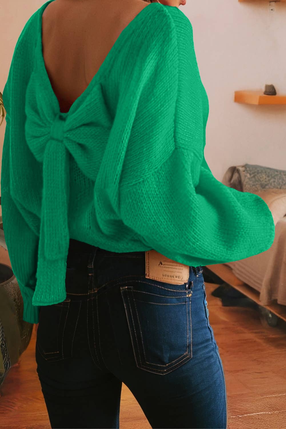 LDC Valentines Day Bow Backless Bubble Sleeve Sweater