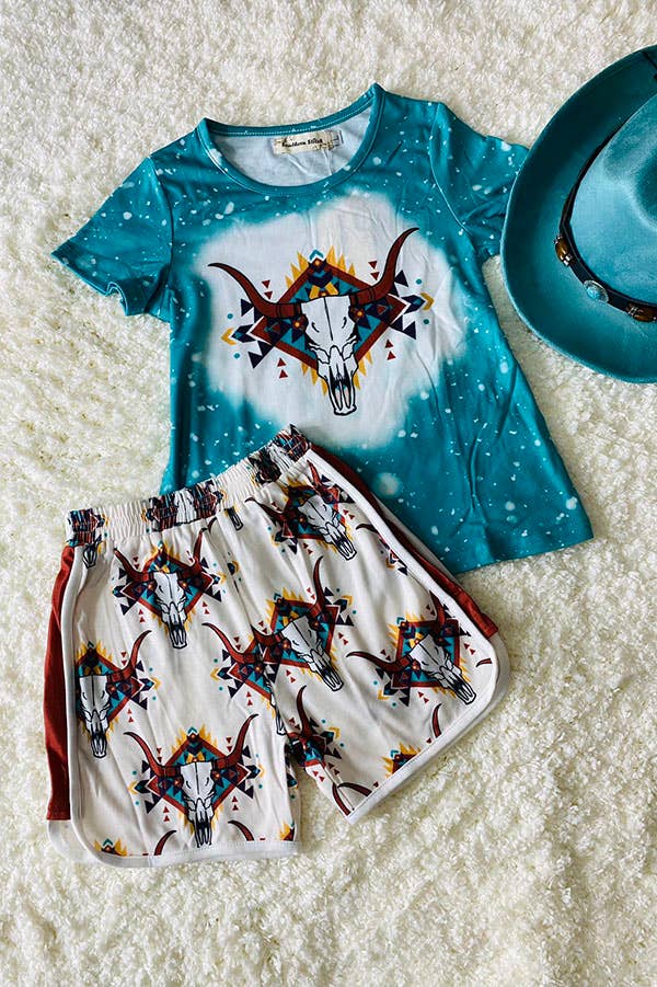 XCH0333-8H Bull prints blue top & Aztec shorts girls outfit