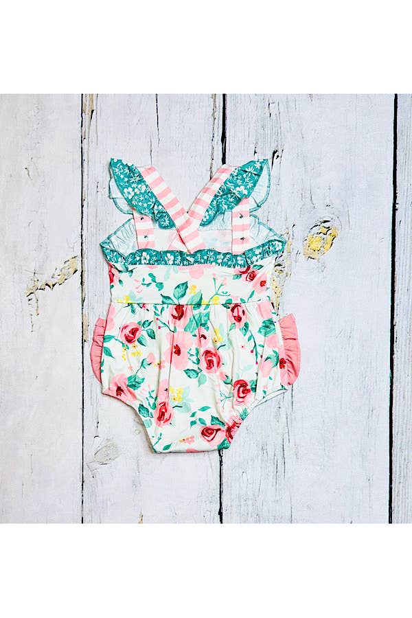 Pink & teal floral ruffle sleeveless baby romper XCH0999-6H