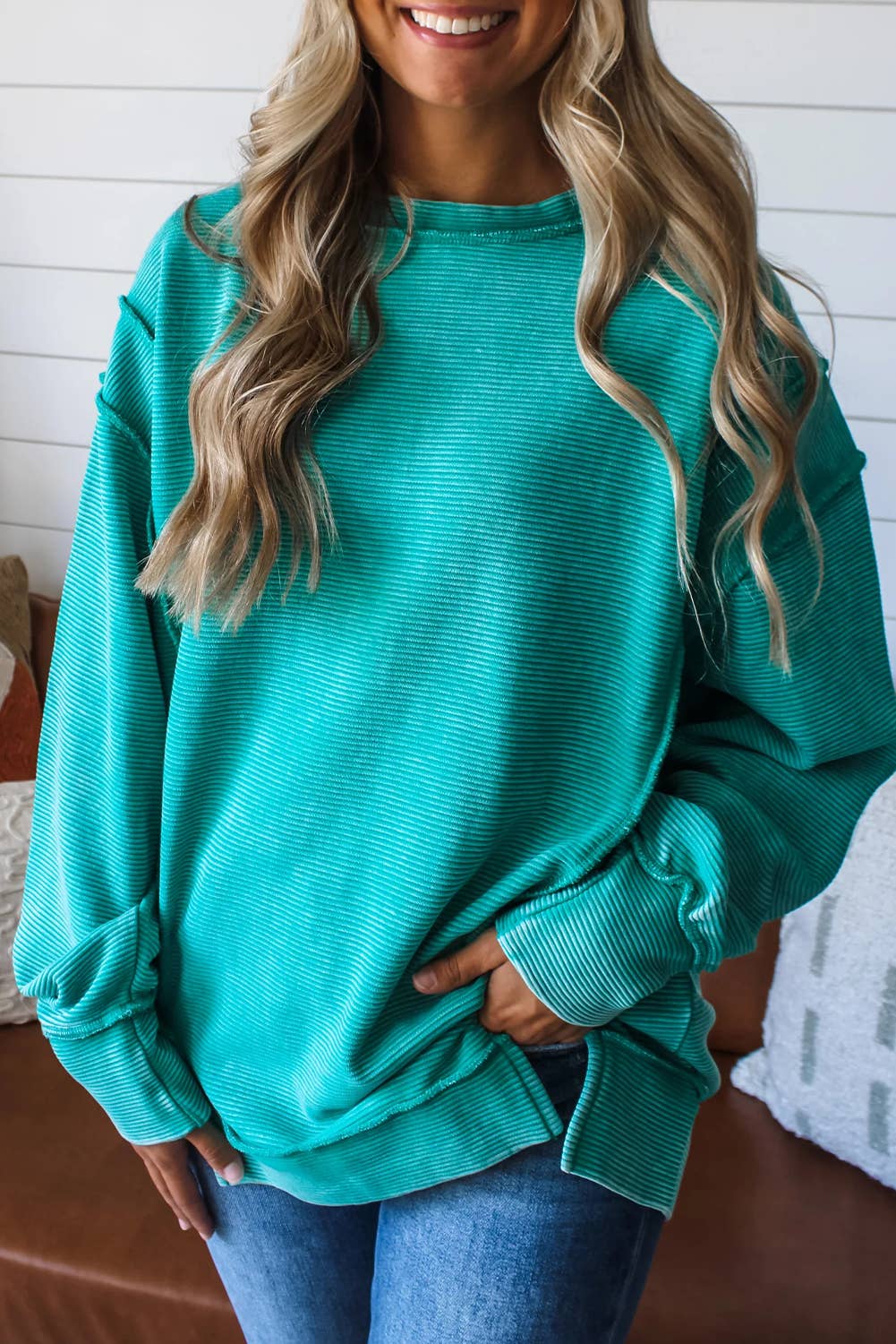 Ribbed Exposed Seam Detail Drop Shoulder Baggy Pullover|S-4X