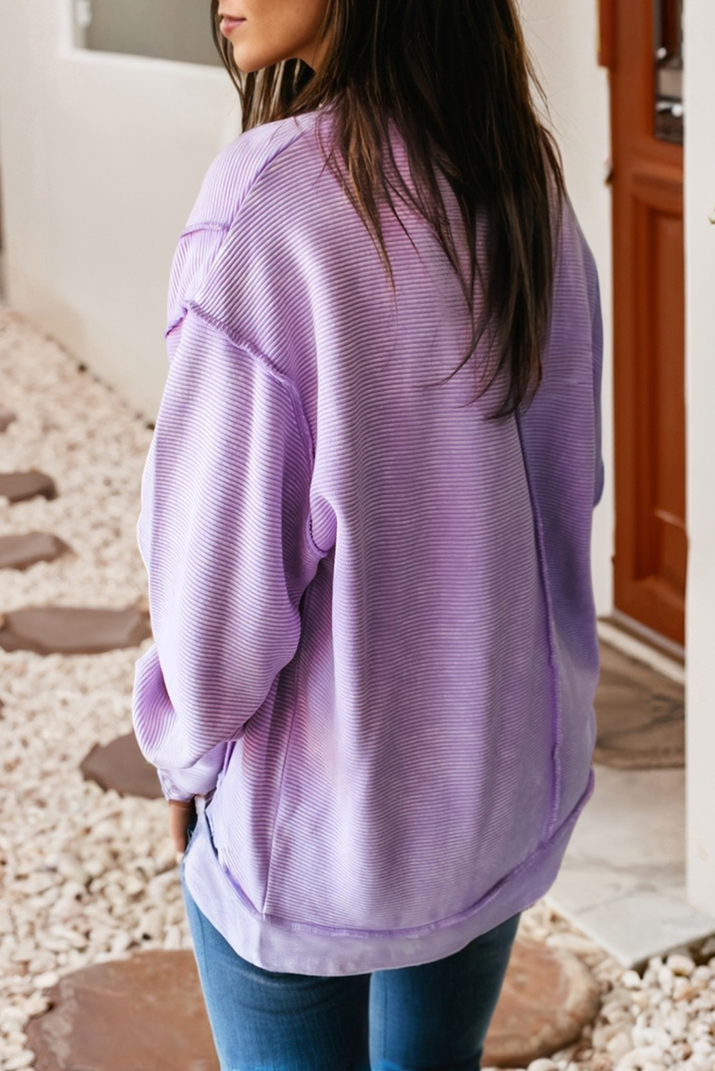 Ribbed Exposed Seam Detail Drop Shoulder Baggy Pullover|S-4X