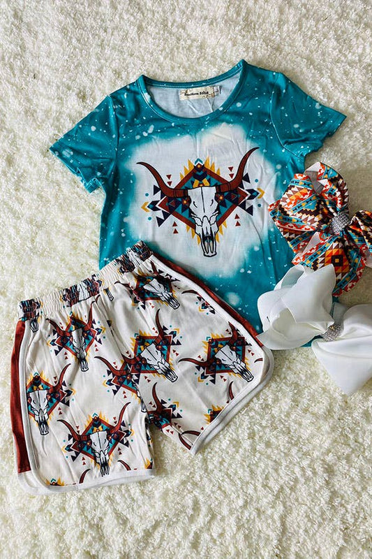 XCH0333-8H Bull prints blue top & Aztec shorts girls outfit
