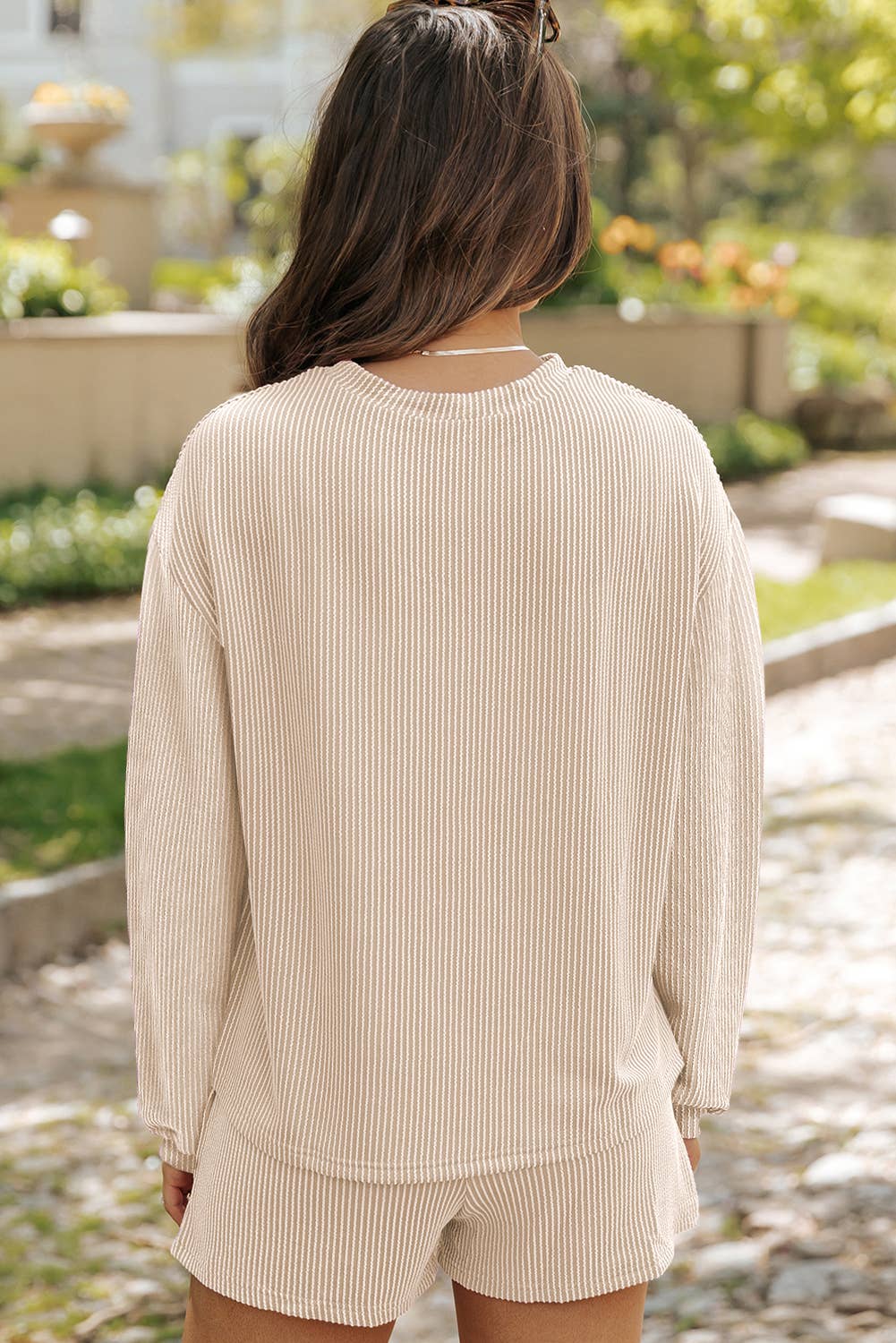 LDC Corded Knit Long Sleeve Top and High Waist Shorts Set