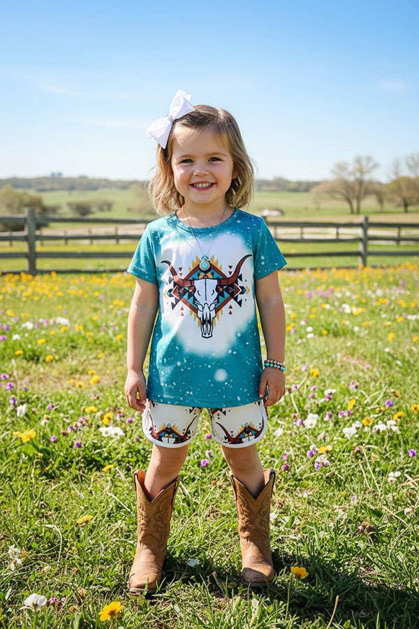 XCH0333-8H Bull prints blue top & Aztec shorts girls outfit