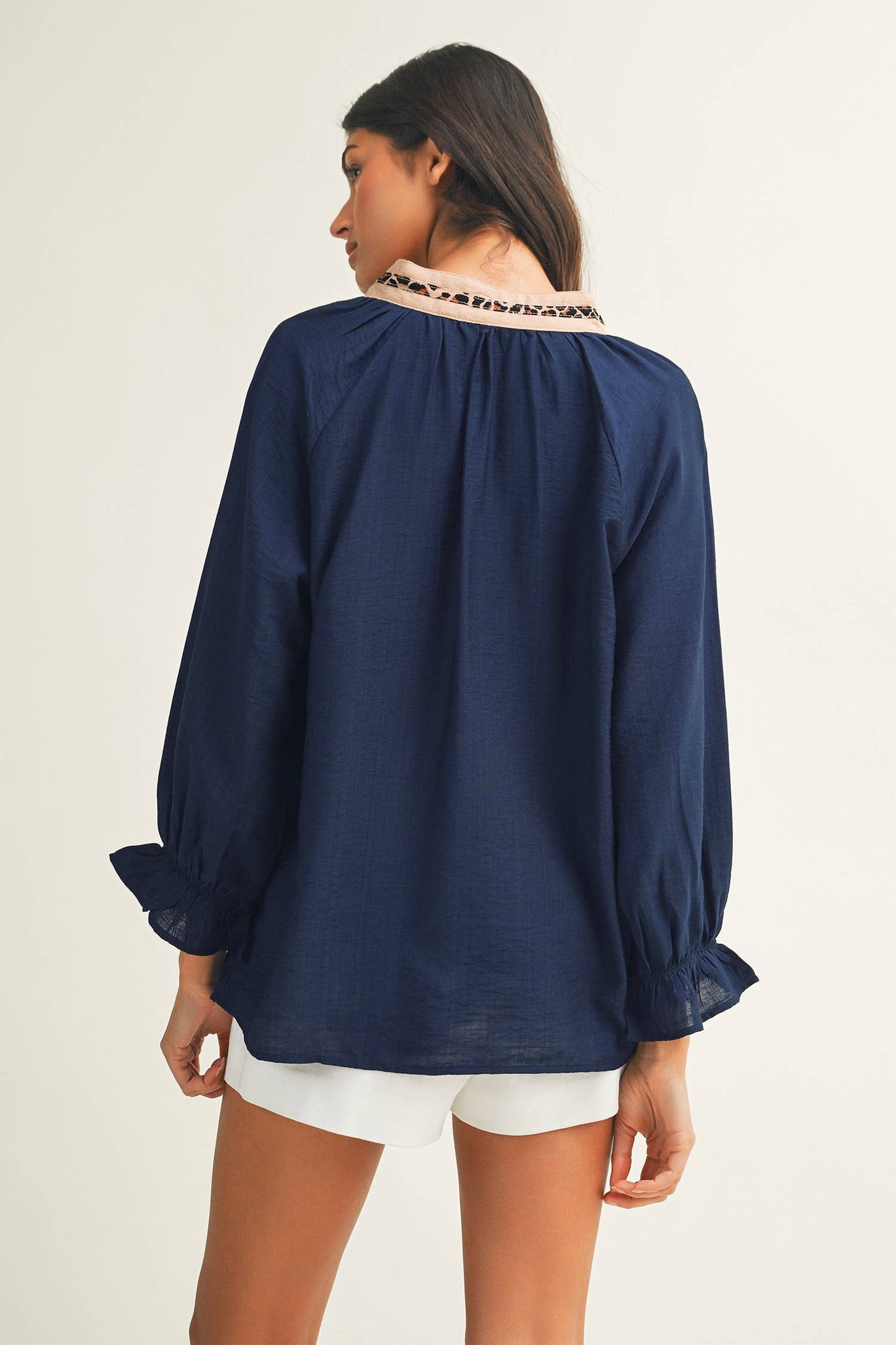 LDC Leopard Trim Notched Flounced Bracelet Sleeve Blouse
