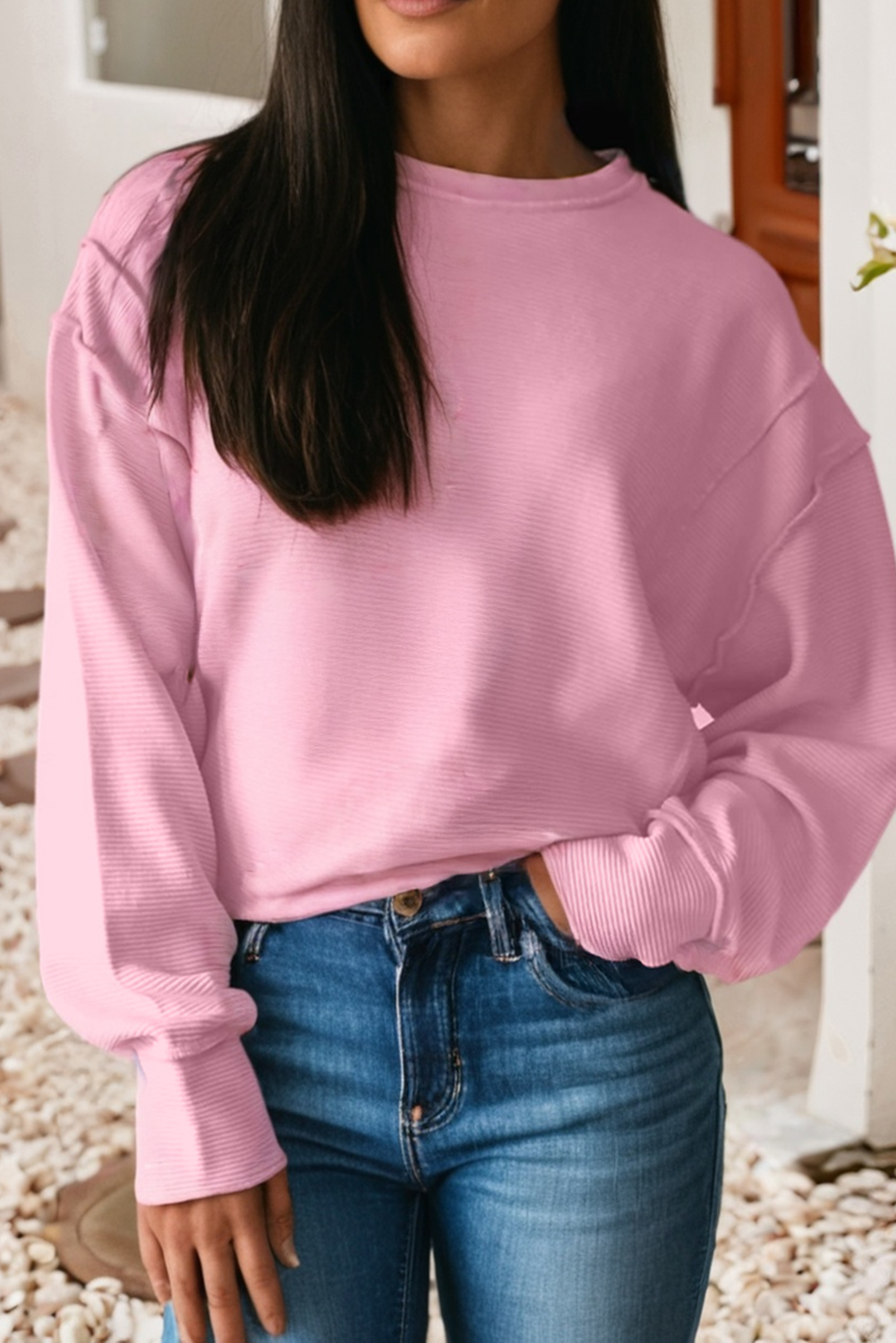 Ribbed Exposed Seam Detail Drop Shoulder Baggy Pullover|S-4X