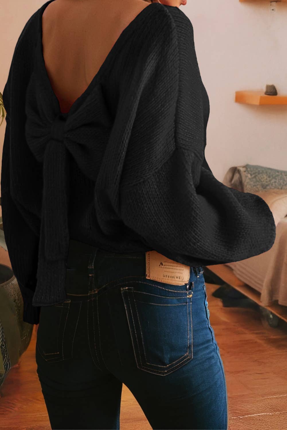 LDC Valentines Day Bow Backless Bubble Sleeve Sweater