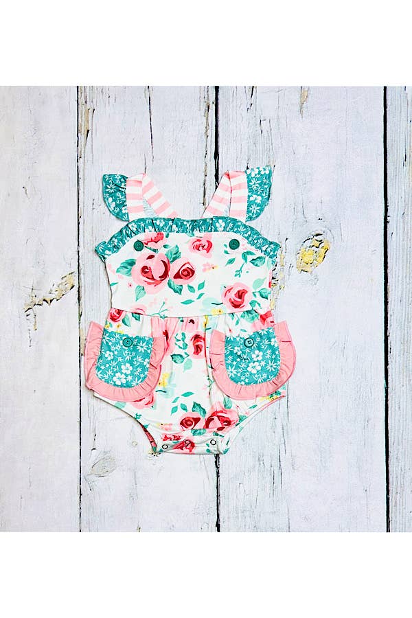Pink & teal floral ruffle sleeveless baby romper XCH0999-6H
