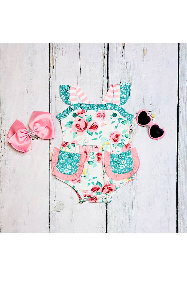 Pink & teal floral ruffle sleeveless baby romper XCH0999-6H