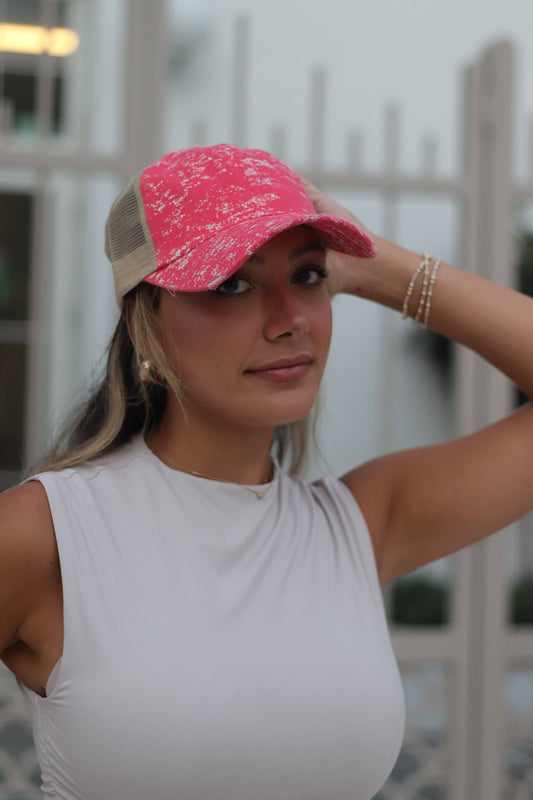 Coral Spatter Hat with Beige Mesh