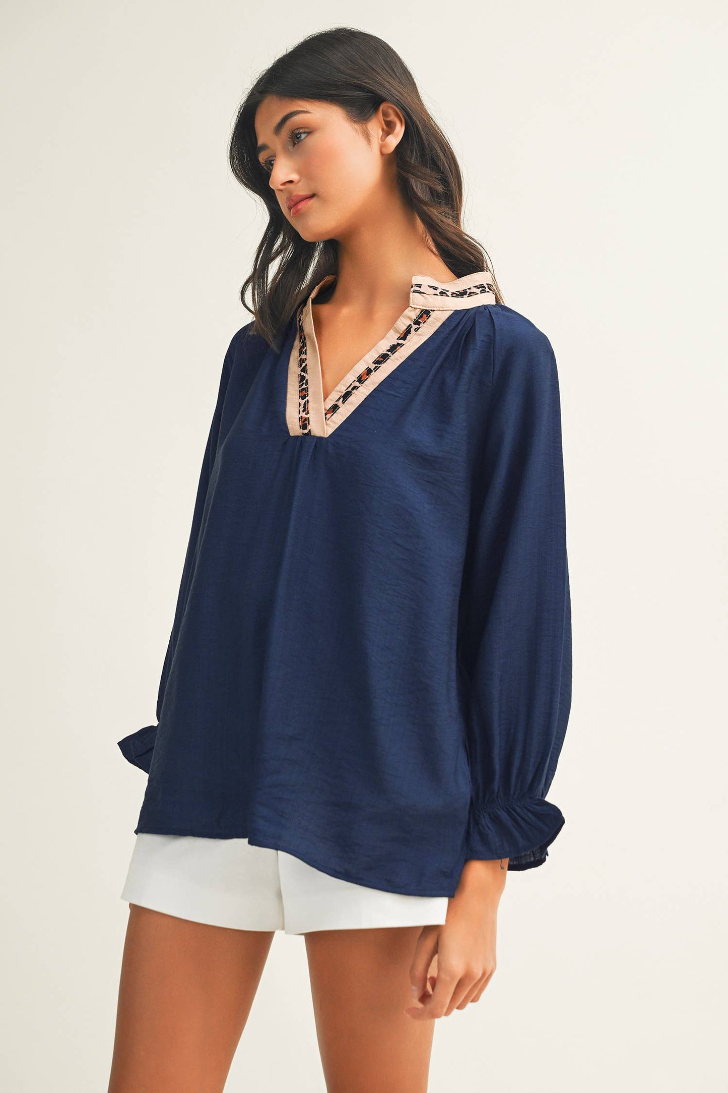 LDC Leopard Trim Notched Flounced Bracelet Sleeve Blouse