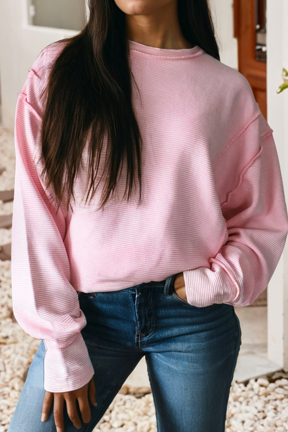 Ribbed Exposed Seam Detail Drop Shoulder Baggy Pullover|S-4X