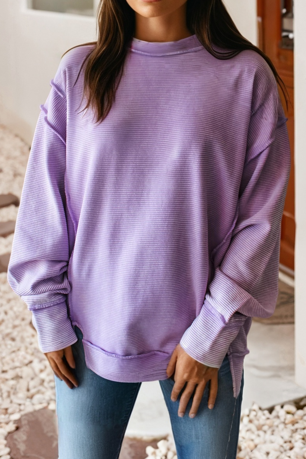 Ribbed Exposed Seam Detail Drop Shoulder Baggy Pullover|S-4X