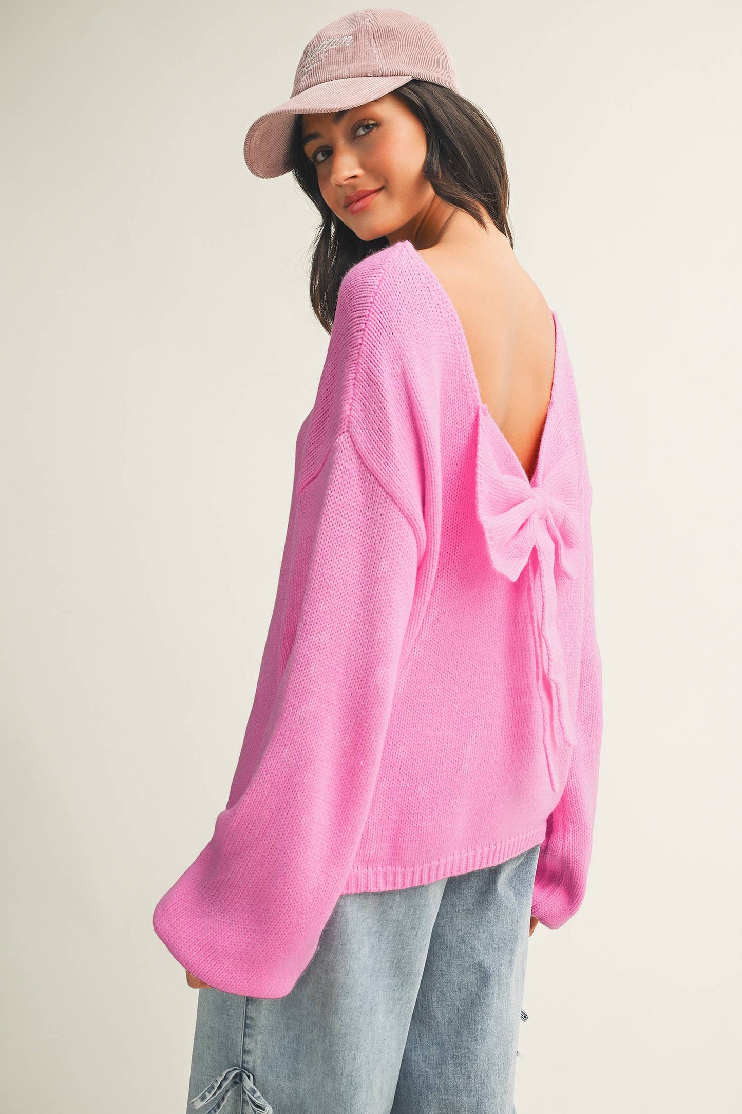 LDC Valentines Day Bow Backless Bubble Sleeve Sweater