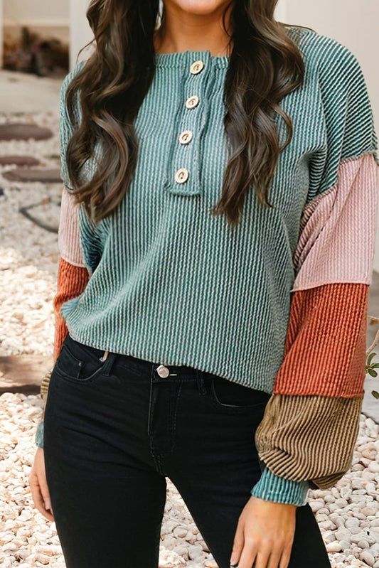 LDC Twisted Ribbed Knit Colorblock Henley Top