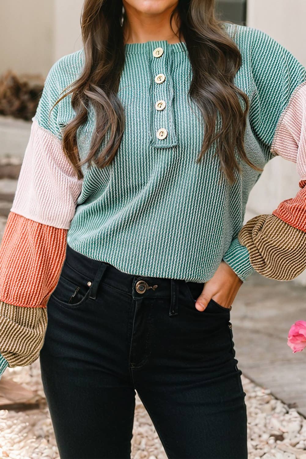 LDC Twisted Ribbed Knit Colorblock Henley Top