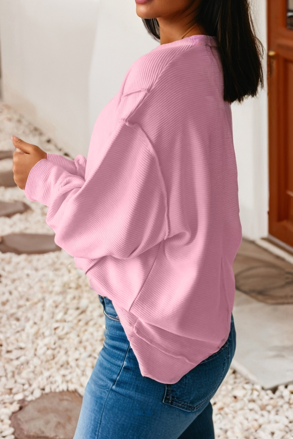 Ribbed Exposed Seam Detail Drop Shoulder Baggy Pullover|S-4X